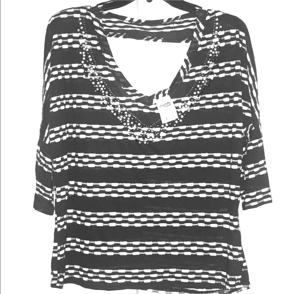 Cute3/4th Sleeve*V-Neck Jeweled Top w/Cut Out Back